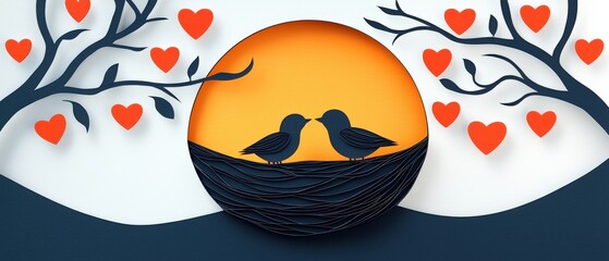 A romantic scene of two birds in a nest, surrounded by hearts and a warm sunset, symbolizing love and connection.