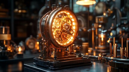 A compact steampunk lamp with spinning copper gears and intricate clockwork mechanisms, glowing warmly on a polished steel surface in a dark study filled with retro machinery, hd realism,