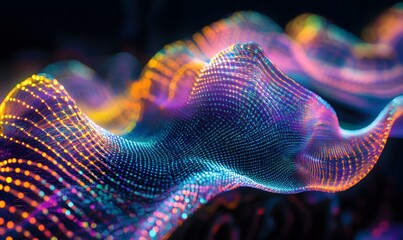 A detailed close-up of the curves and edges in a hologram, featuring a mesmerizing blend of iridescent colors and futuristic patterns. Perfect for abstract backgrounds, technology themes.