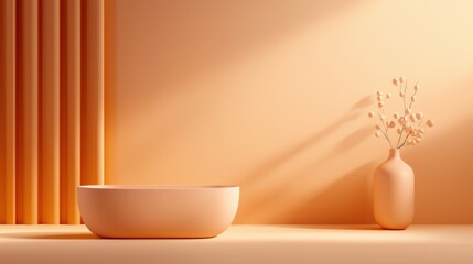 A serene and minimalistic interior view featuring an elegant bowl and a vase, set against a soft, warm orange backdrop.