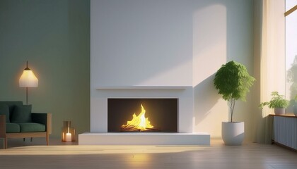 The concept of happiness and new beginnings: Cozy home interior with a lit fireplace, warm beginnings and happiness.