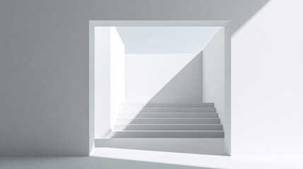 Minimalist white room with square opening revealing stairs leading to light. Generative ai