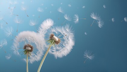 The concept of happiness and new beginnings: Dandelion seeds floating in the wind, symbolizing wishes and fresh starts.
