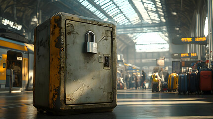 Locked Metal Box in Train Station 3D Illustration