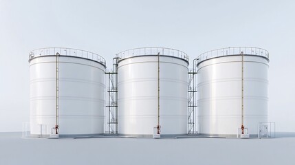 Three large white industrial storage tanks in a row, exterior view.
