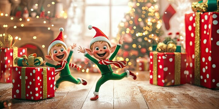 A humorous Christmas scene with goofy elves dancing and oversized presents, creating a fun and lighthearted holiday atmosphere.