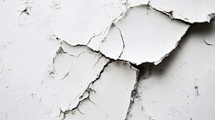 Fototapeta premium Close-up of cracked, peeling white paint on a wall surface showing texture and damage. Generative ai