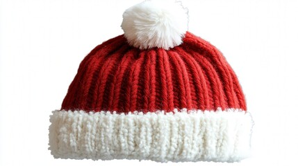 A PNG decoration of a traditional red and white Christmas hat, featuring a soft, fluffy white brim and a pom-pom on top