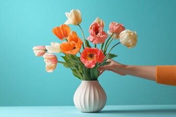 Pastel tulips in white vase, hand arranging.