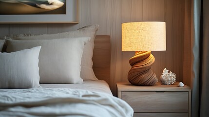 A driftwood lamp with a unique spiral design, glowing warmly on a nightstand in a serene coastal-style bedroom with linen bedding and sandy beige tones, cinematic lighting, highly realistic textures.