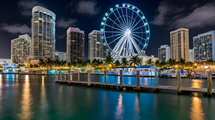 Miami marina harbor and skyscrapers of Brickell, city financial center. Skyviews Miami Observation Wheel at Bayside Marketplace with reflections in Biscayne Bay water and US urban landscape at night .