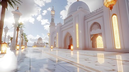 Grand white mosque exterior with illuminated details and palm trees. Pathway leads to the entrance.
