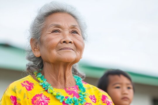 Elderly Chamorro Woman Sharing Stories with Child on Santa Marian Kamalen Day &ndash; Exploring Guam Heritage and Culture