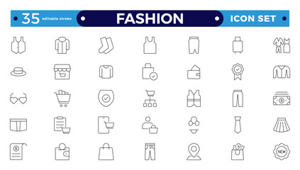 Clothing Outline icon set. Dress, polo t-shirt, jeans, winter coat, jacket pants, skirt minimal vector illustrations. Simple outline signs for fashion applications. Editable stroke outline icon.