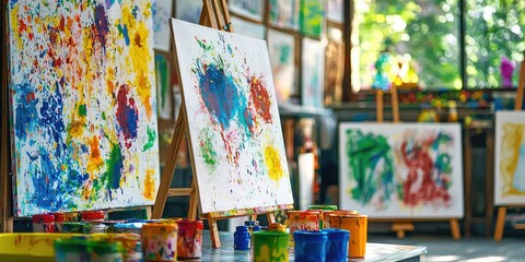 A kid&acirc;&euro;&trade;s artwork displayed on a wall or easel, showcasing their creative expression.