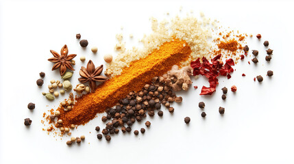 Minimalistic Curry Spice Presentation: Flat Lay with Sunlit Hard Shadows on White Background