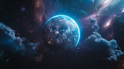 Fototapeta premium Cinematic shot of planet earth globe clouds and space background.