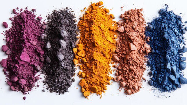 White Background with Piles of Loose Iron Oxide Pigments in Vibrant Earthy Colors
