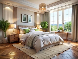 Cozy Hotel Room: Double Bed, White Sheets, Textile Decor, Morning Sunlight