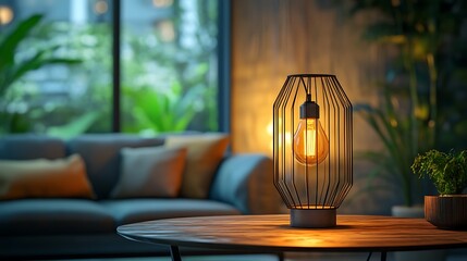 A geometric metal cage lamp with a sleek black frame, glowing with warm Edison bulb light, casting intricate shadow patterns on a wooden table in a minimalist industrial-style living room,
