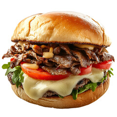 Front view of a hyperrealistic Philly cheesesteak burger isolated on a white transparent background