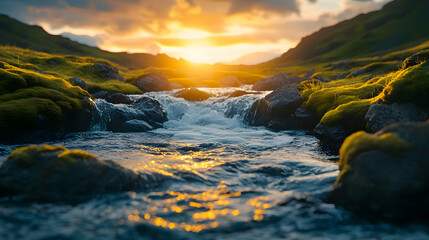 Obraz premium Golden Sunset Stream: A Realistic Landscape Illustration