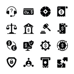 A set of icons representing various financial and business concepts, including customer service