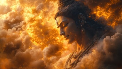 Serene Hindu Deity Amidst a Blazing Sky