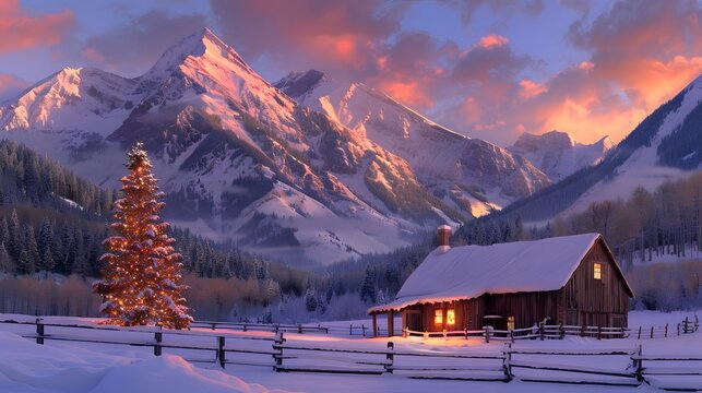 Illuminated Christmas tree near snowy cabin at sunset in mountains.