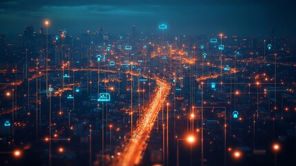 Obraz premium Futuristic cityscape at night, interconnected with digital icons representing smart city technologies.