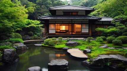 Serene Japanese house with garden pond, bridge, and lush greenery.