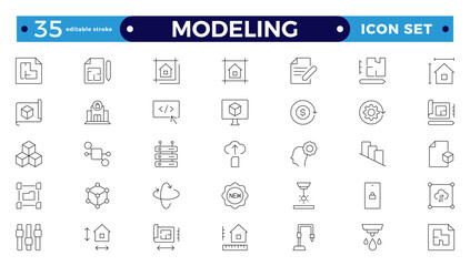 Modeling outline icon set. Architectural planning icon collection. Planning, scheme, dimension, project, measurement, floor plan, etc.  Editable stroke outline icon.
