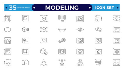 Modeling outline icon set. Architectural planning icon collection. Planning, scheme, dimension, project, measurement, floor plan, etc.  Editable stroke outline icon.
