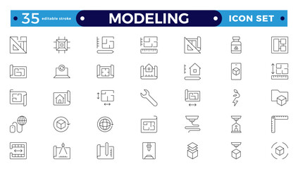 Modeling outline icon set. Architectural planning icon collection. Planning, scheme, dimension, project, measurement, floor plan, etc.  Editable stroke outline icon.
