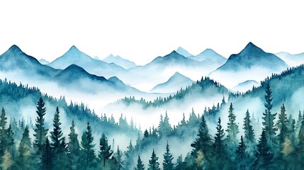 Watercolor painting of beautiful mountains and forest panorama, isolated on white background