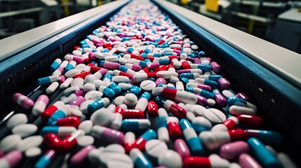 Obraz premium Close-up of a conveyor belt carrying numerous pills in red, white, and blue capsules and tablets during pharmaceutical manufacturing. Generative ai