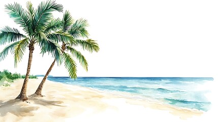 Obraz premium Watercolor painting of palms on the beach with ocean, summer travel concept, isolated on white background