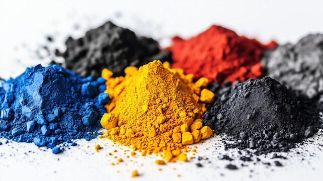 Piles of loose iron oxide pigments on white background, showcasing vivid earthy tones