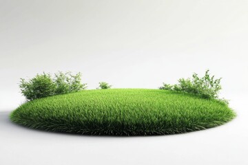Vibrant 3D rendering of freshly cut grass in circular area on white background with scattered green plants.