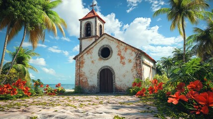 Naklejka premium Church images, tropical island with palm trees and colorful flowers