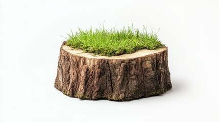 Close-up of a single tree stump with natural grass growing on it, displayed on a clean white backdrop.