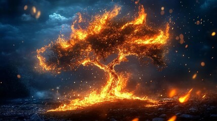 Intense fire consuming a small tree in a dark setting, with bright flames and sparks flying, conveying danger and urgency.