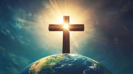 Hopeful symbolism: Wooden cross on Earth globe under radiant sun rays in vibrant blue and green gradient background.