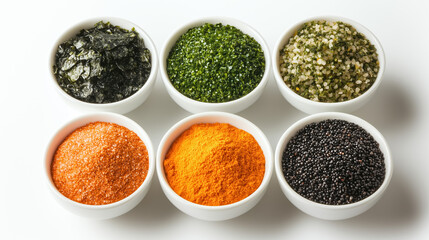 Variety of six seasoning flavors: tomato, BBQ, curry, spicy, seaweed, and sweet plum on minimal white background