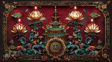 Intricate Asian temple scene with lotus flowers and ornate frame.