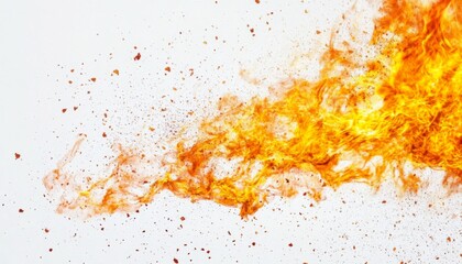 Intense Close-up of Vibrant Fire Flame on White Background with Chaotic Energy and Bright Colors