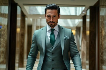 Fototapeta premium Man in teal suit, serious expression, hallway background.