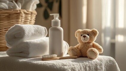 Baby Care Products & Toy on White Towels