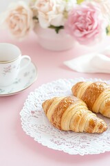Golden Croissants on a Minimalist Pink Background. Aesthetic Sweet Pastry Croissants.
