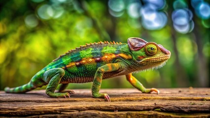 Obraz premium Female Fischer Chameleon on Wood - Rule of Thirds Photography